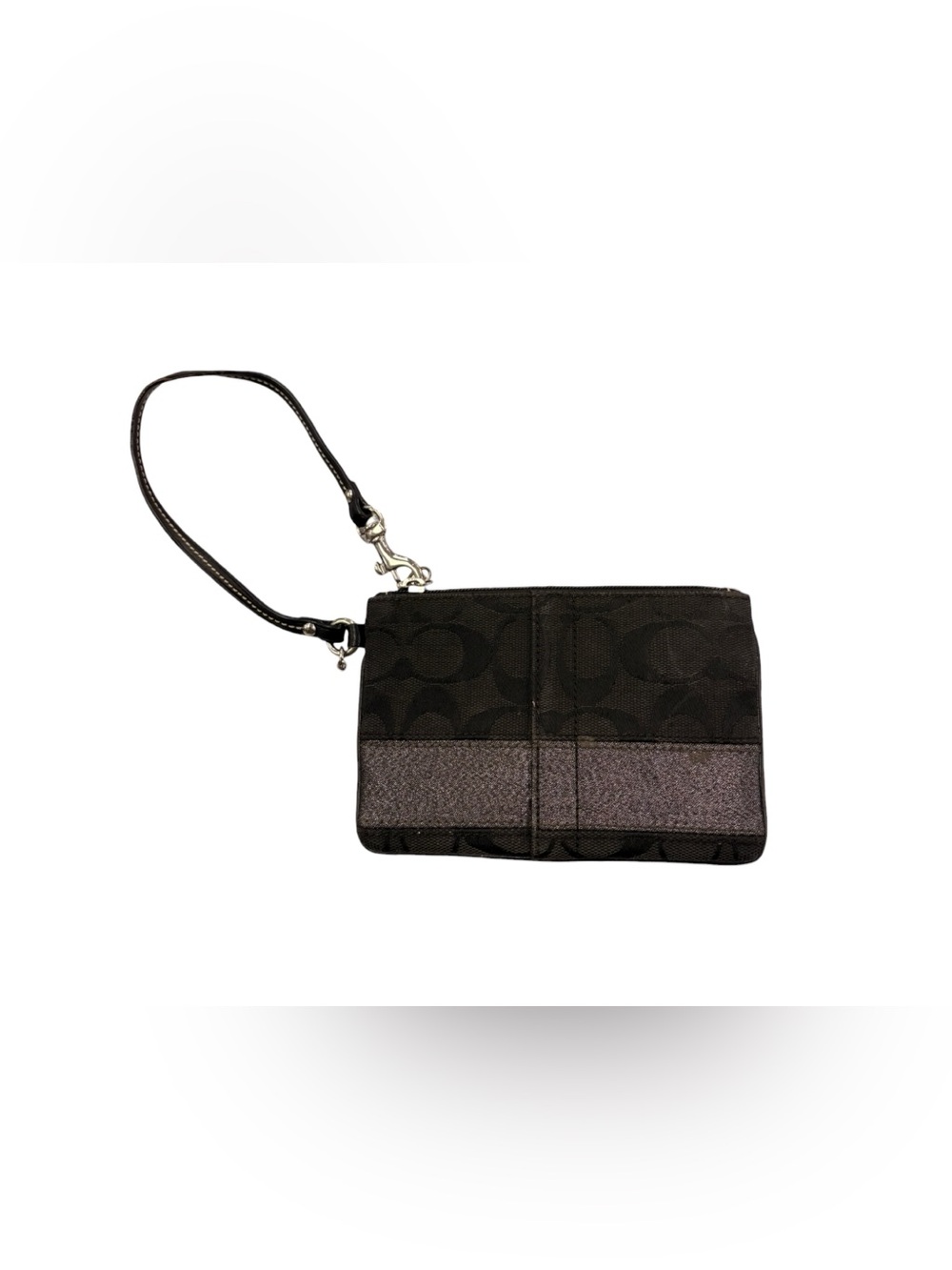 Coach Black Signature Wristlet with Metallic Charcoal Stripe